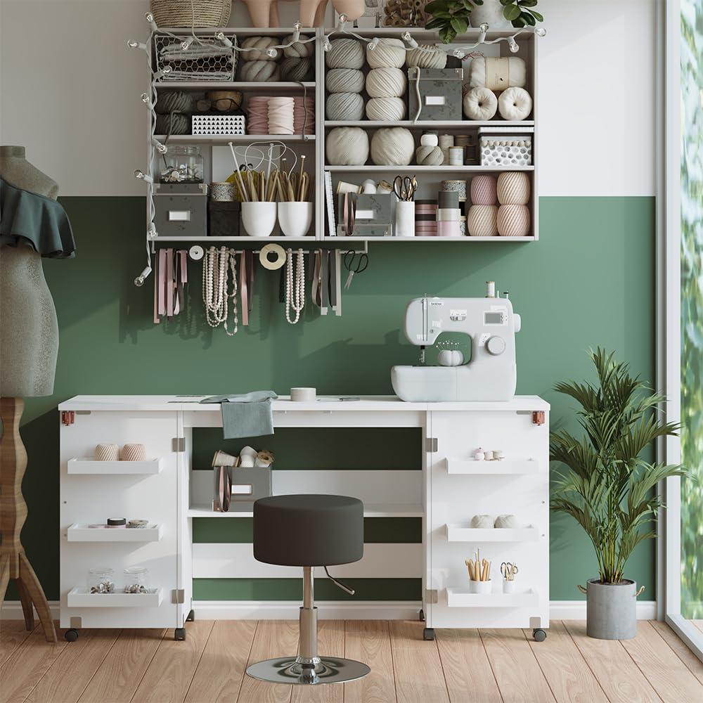 Vicco Mesa de Costura Carmen, Blanco, 160 x 80.2 cm con 6 estantes, Plegable con Ruedas para Uso Flexible como Mesa de Trabajo
