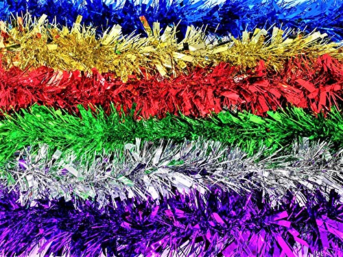 Christmas Tinsel Decoration – 6 x 2m Strands – Multi-Coloured (Red, Blue, Green, Silver, Gold, Purple) – Thick 10cm Tinsel Garland for Tree, Home, Party & Indoor Use