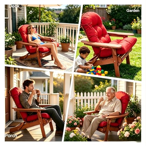 Image of QILLOWAY Outdoor High Back Chair Cushion for Adirondack, All Weather Rocking Chair Cushions Thick Padded Replacement for Patio Furniture,Red