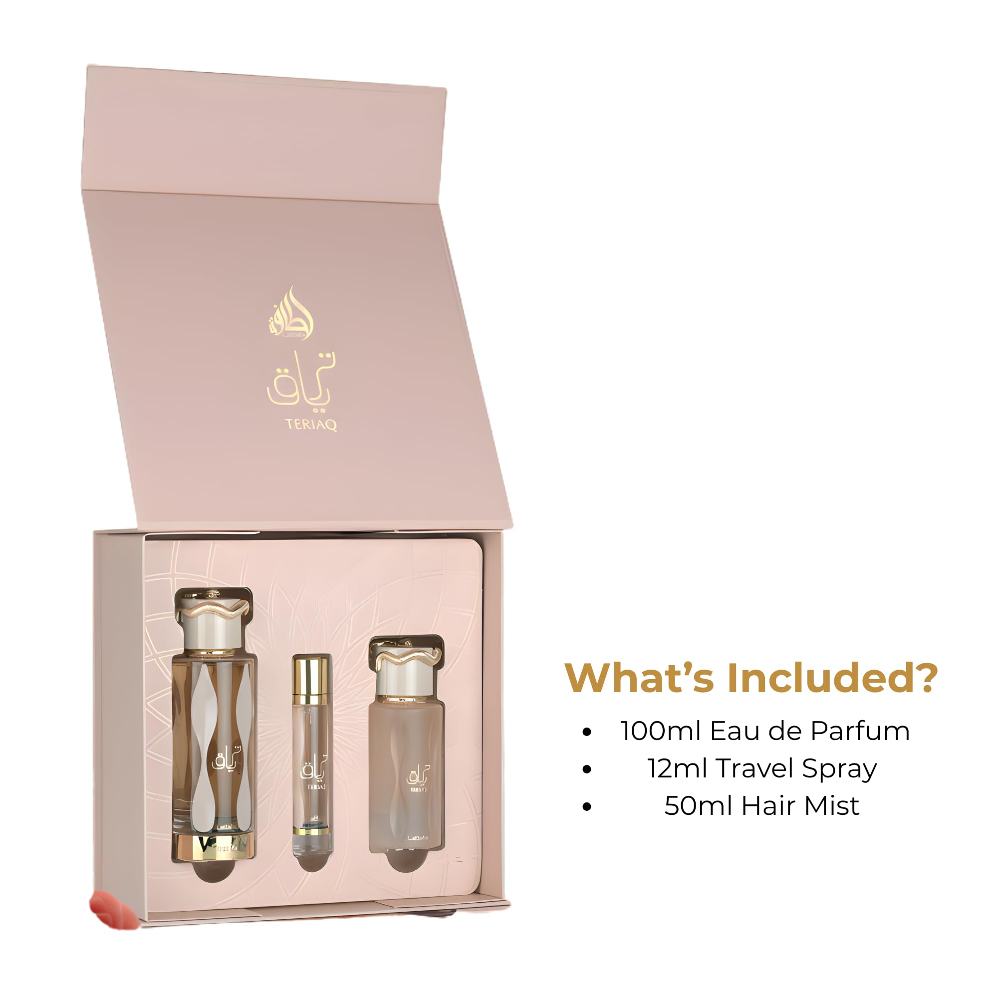 Lattafa Teriaq - Set regalo – Eau de Parfum da 100 ml, spray da viaggio da 12 ml e spray per capelli da 50 ml | Set di profumi arabi a lunga durata per uomini e donne