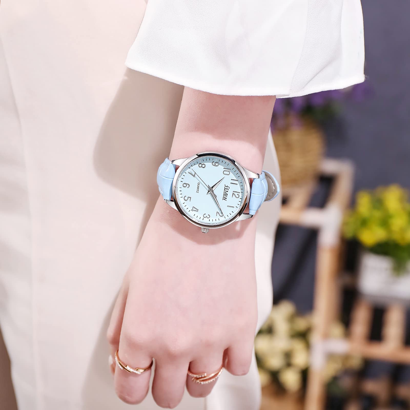 FEMBW Orologio da polso da donna con cinturino in vera pelle Movimento al quarzo giapponese, numeri romani arabi, resistente all'acqua 50M