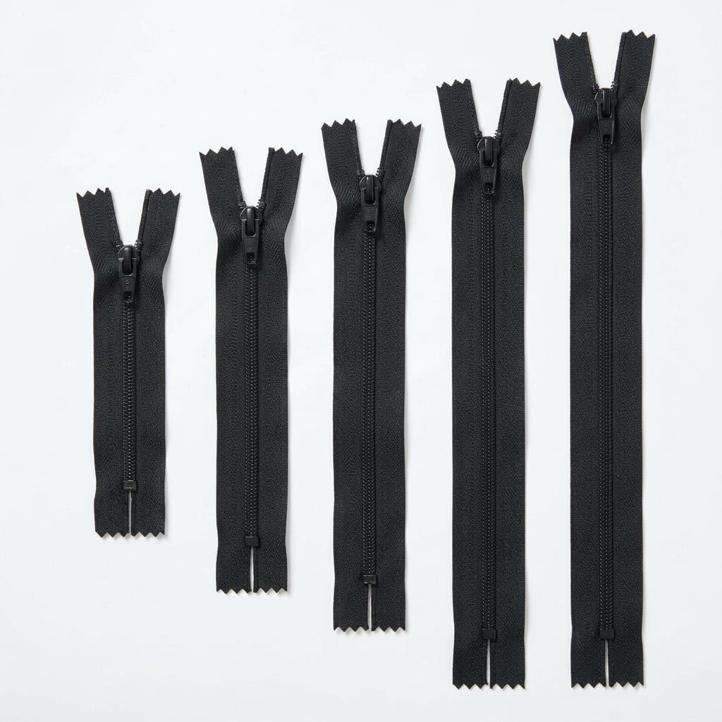 Trimz Black Zip Essentials - 5 Autolock Zips in 5 Sizes (15cm, 20cm, 25cm, 30cm, 40cm) - Closed End Nylon Zips with 4mm Teeth for Dressmaking, Bags & Cushions