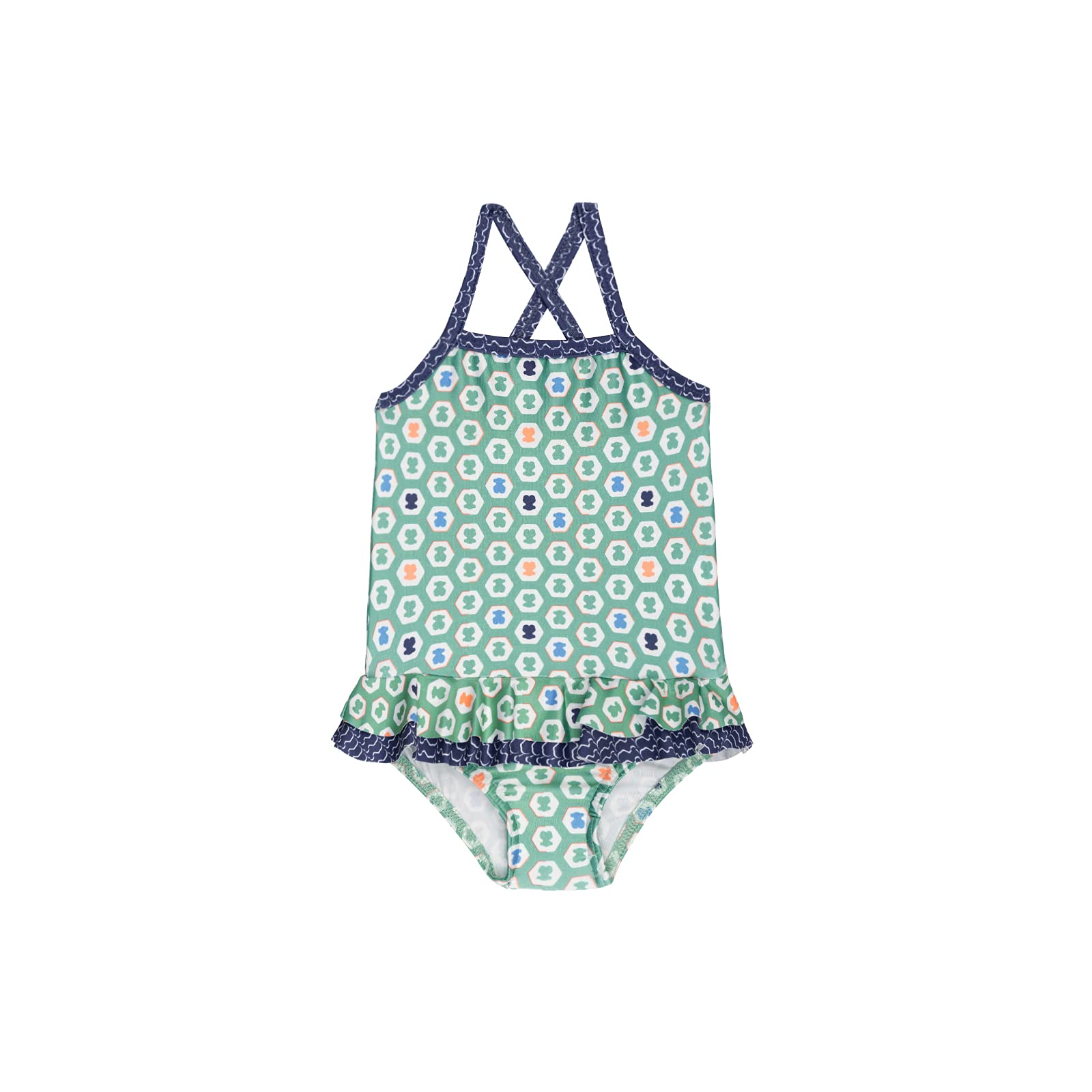TOUS BABY Bañador de Tirantes para Niña. Estampado Exagon. Colores: Coral, Celeste y Verde. (1 Mes - 4 Años)