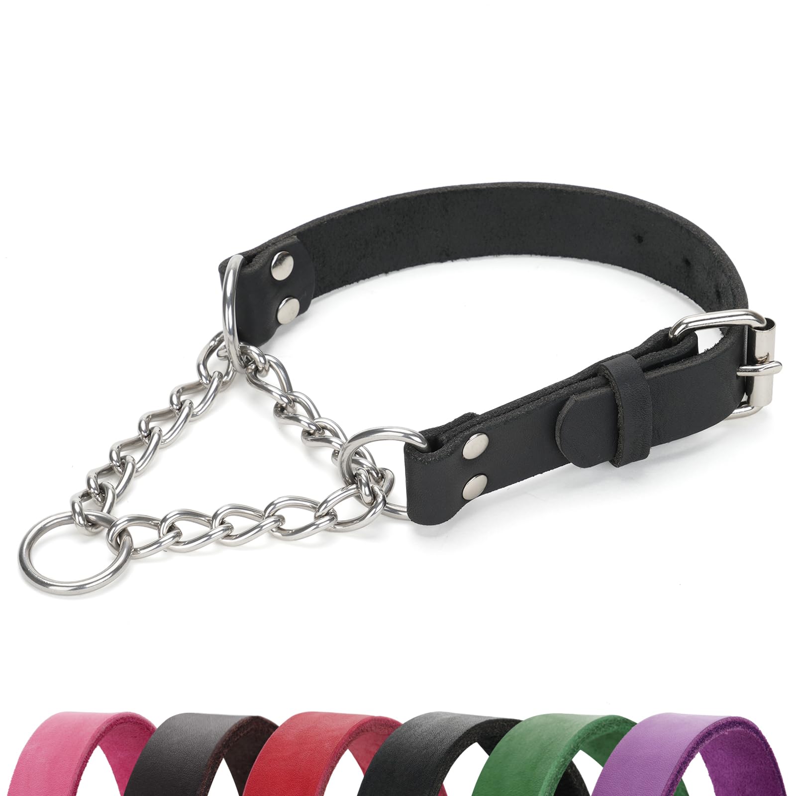 LOIIHEII Martingale Collar for Dogs No-Pull Adjustable Training Collar with Stainless Steel Chain - Genuine Leather Anti-Slip Design for Small,Medium,Large Breed Dogs - Black (M)