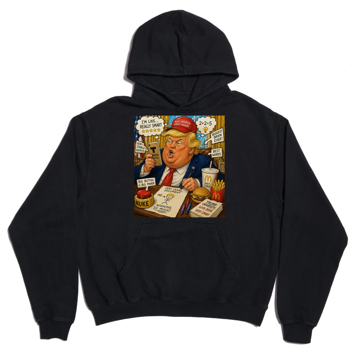 Satyryczny charakter polityczny studium unisex oversize ciężka mieszanka bawełny bluza z kapturem czarna
