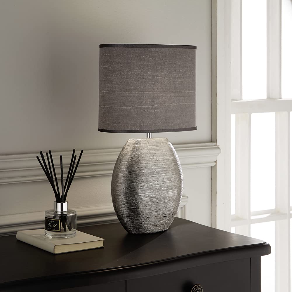 Silver Scratched Ceramic Vintage Oval Table Lamp with Grey Shade 45cm