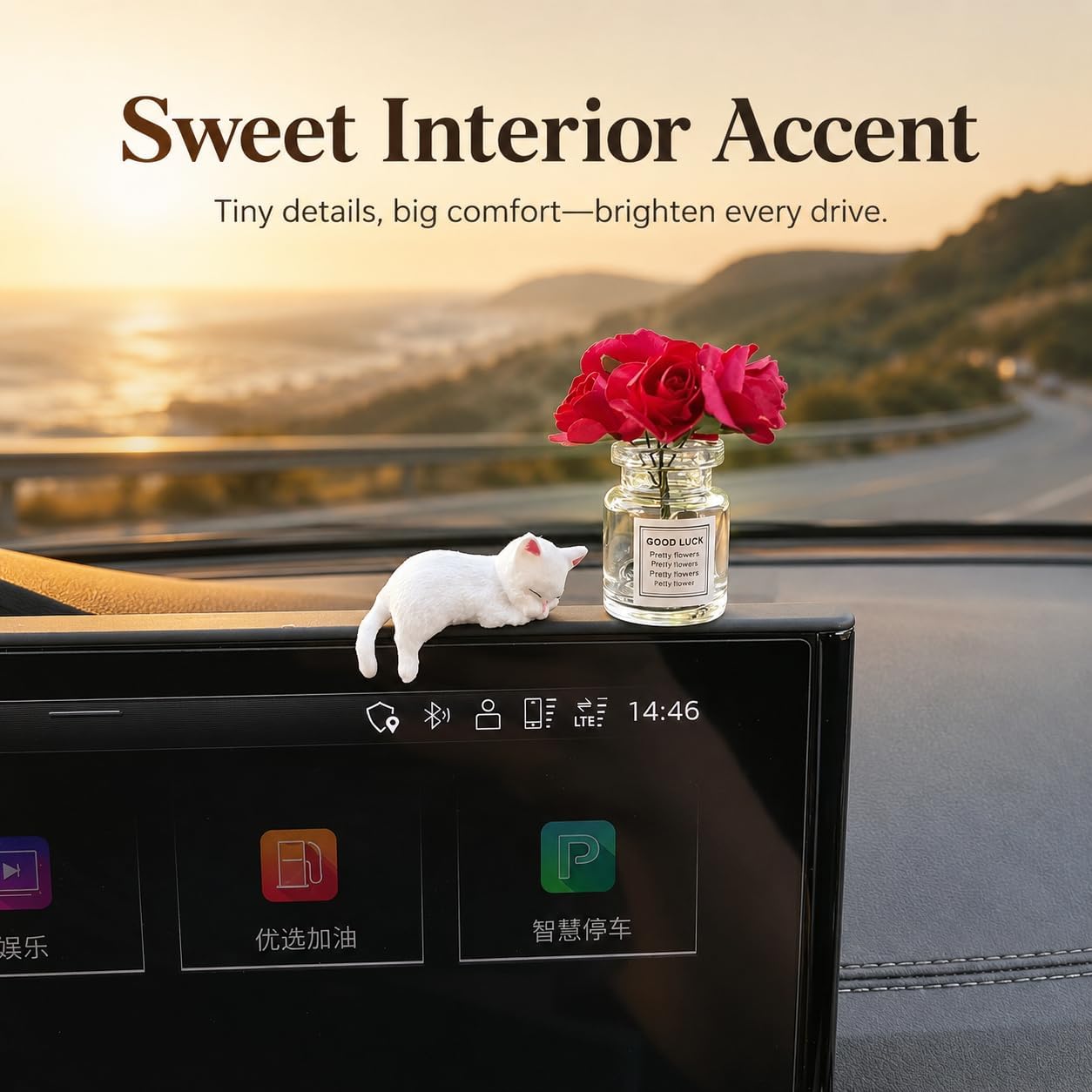 Cute Animal Car Dashboard Accessories Flowers Rear View Mirror Decorations, Funny Car Interior Accessories (Cat) image 5
