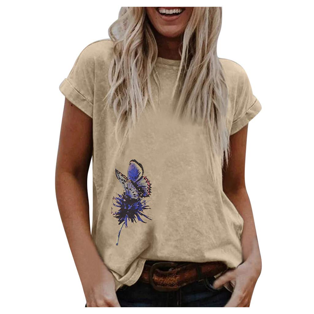 KEYEE Butterfly Print Shirts for Women Colourful Graphic T Shirts Summer Blouse Casual Tops Loose Fit Graphic Tees Khaki