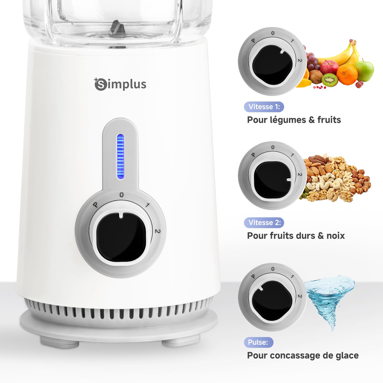 SIMPLUS Blender Mixeur 3 en 1, Robot Culinaire avec Hachoir 500ml, Moulin à Café 300ml, Bol 1.25L, Lames 304, 3 Vitesses, Sécurité, Blanc