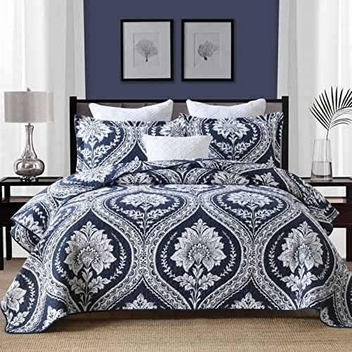KALOOLA Quilts Queen Size 100% Cotton Queen Quilt Bedding Set, Navy Blue Damask Pattern Queen Quilt Set, Reversible Lightweight Queen Quilt for All Seasons, 3 Pieces
