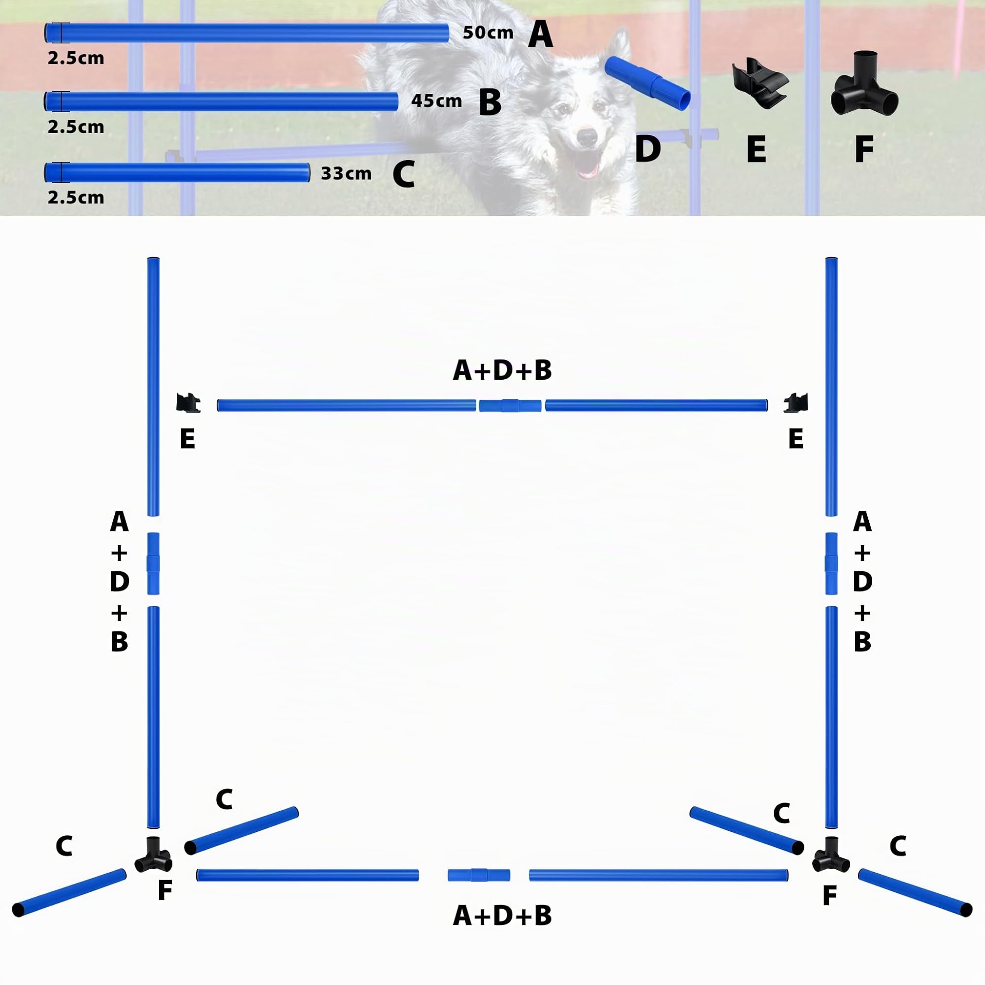 Ensemble d'obstacles d'agilité pour animaux de compagnie, set de 4 tiges de slalom pour entraînement de chien avec sac de transport, hauteur réglable, en plastique, bleu