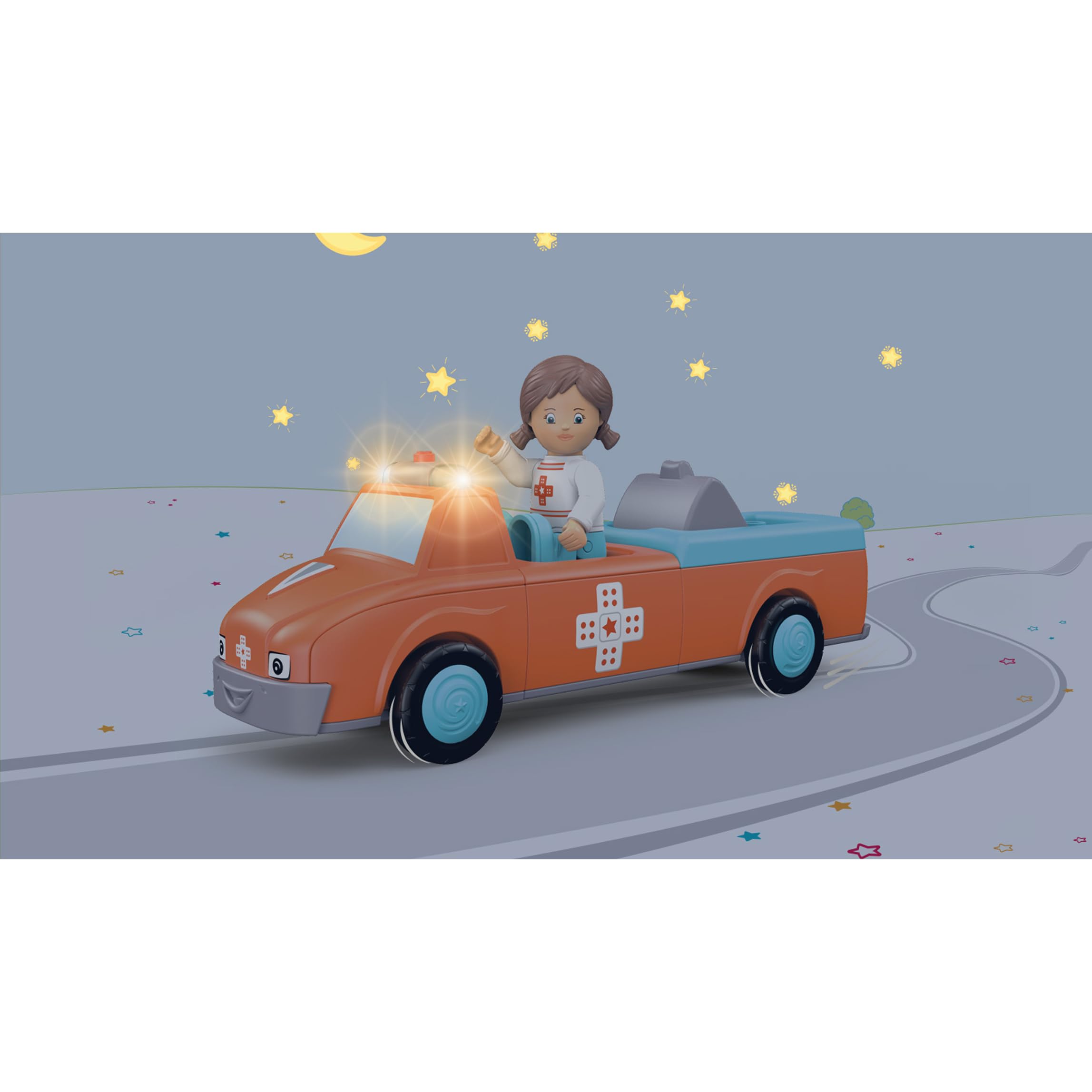 0145, Anna Amby, Ambulance composée de 3 pièces avec Son et Lumière, Peut être assemblée, Comprend une figurine mobile, Moteur à volant de haute qualité, Orange/bleu cile, dès 12 mois