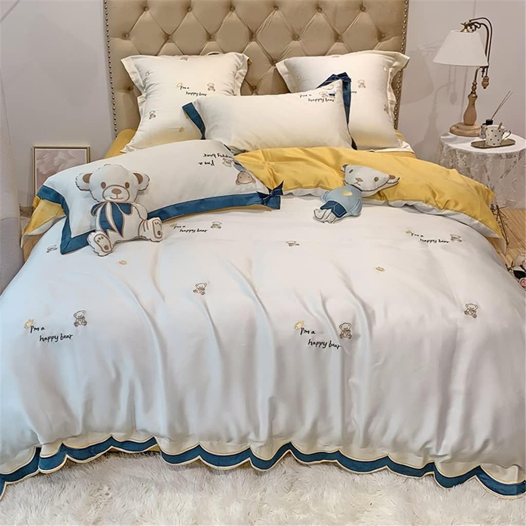 Cartoon Long-Staple Cotton Cute Bear Embroidery Four-Piece Girl Heart Bowknot Pure Cotton Duvet Cover Bedding (Color : Pink 4-Piece Suit, Size : 1.5m)