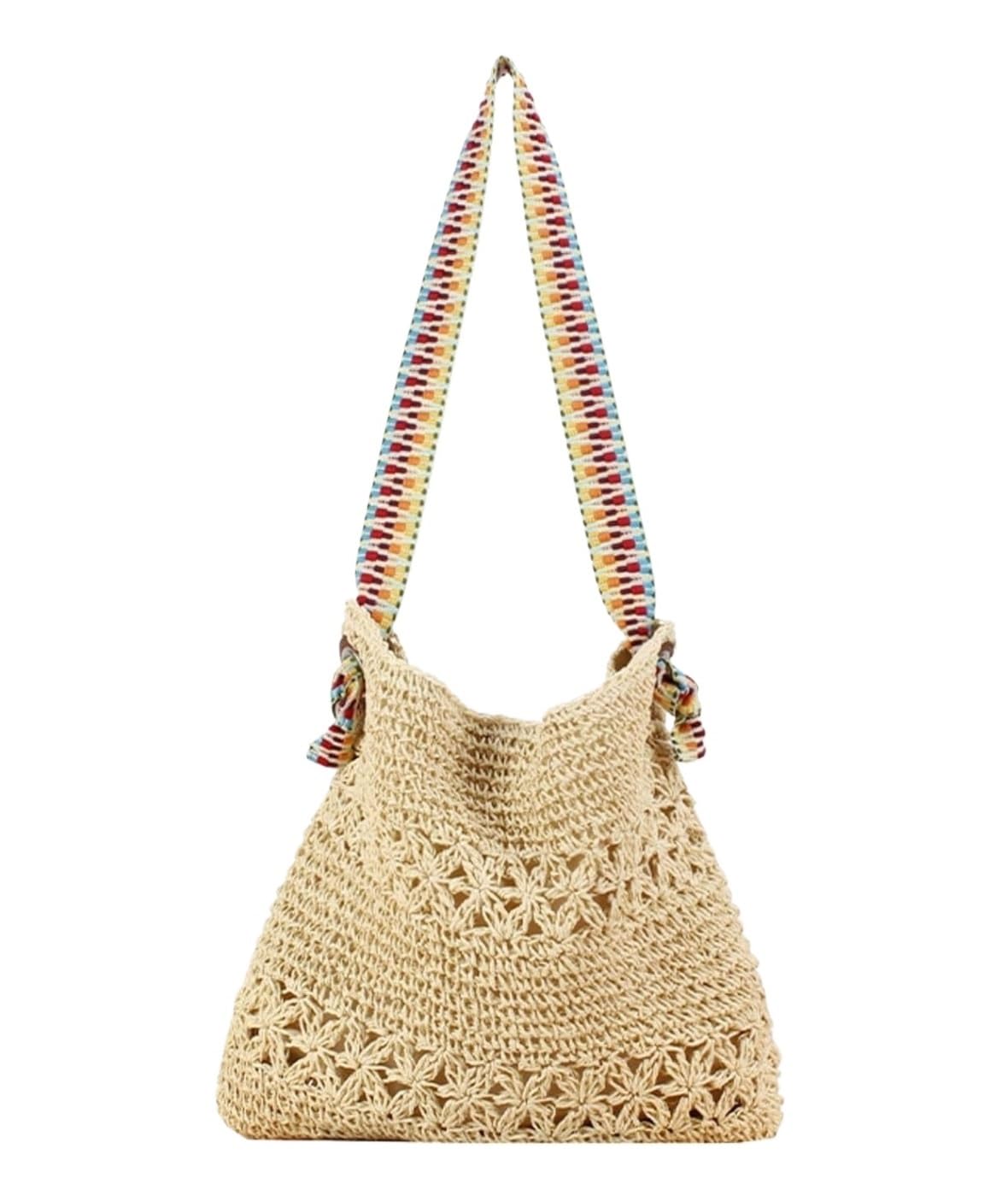 Bolso de Paja Bolso De Mano Paja para Verano, Playa, Bolsos Hombro Tejidos Mujer(Beige)
