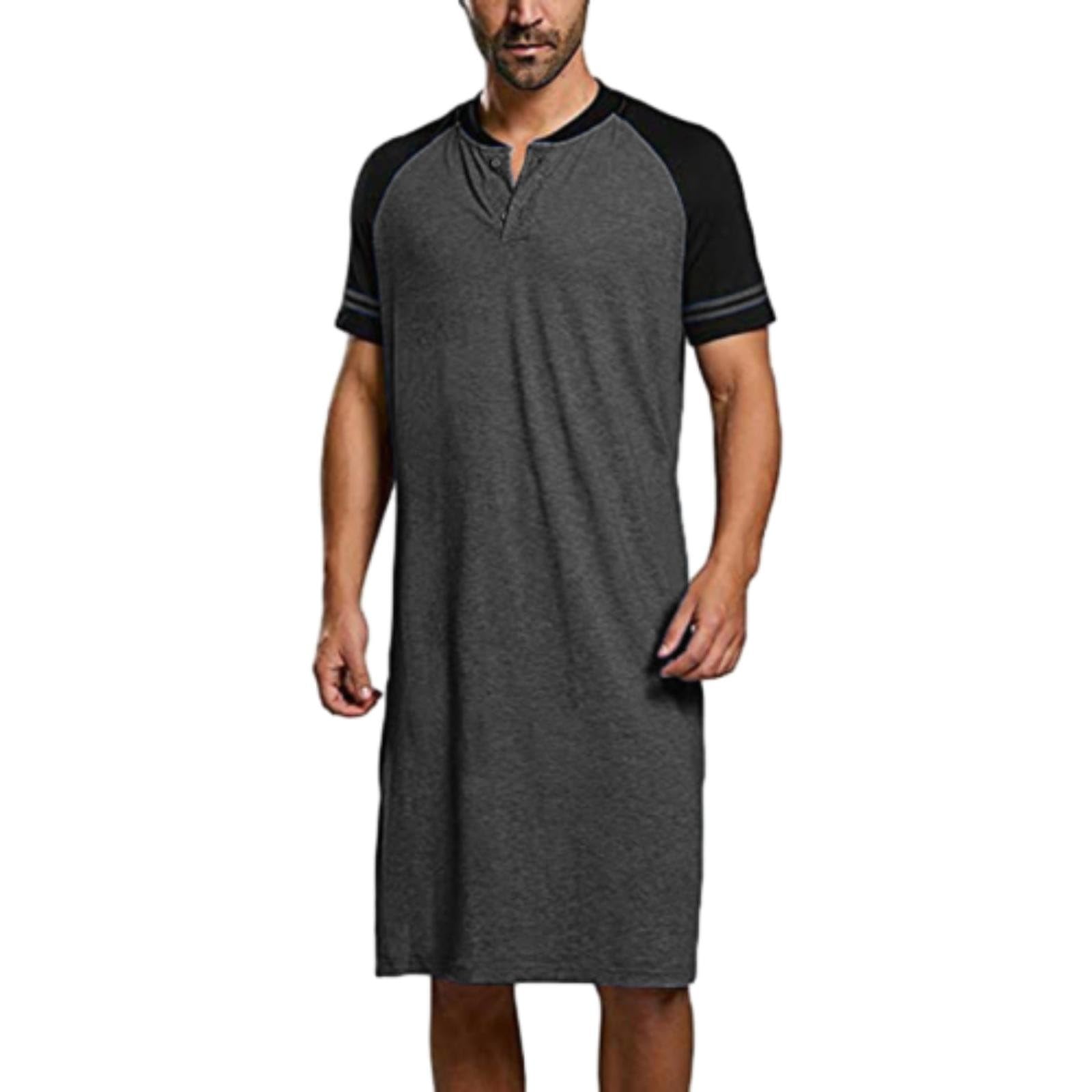 Camisón de manga corta para hombre, informal, con cuello Henley, manga raglán, camiseta básica para hombre, ropa de dormir elástica hasta la rodilla, camiseta para dormir, ropa de dormir, ropa de