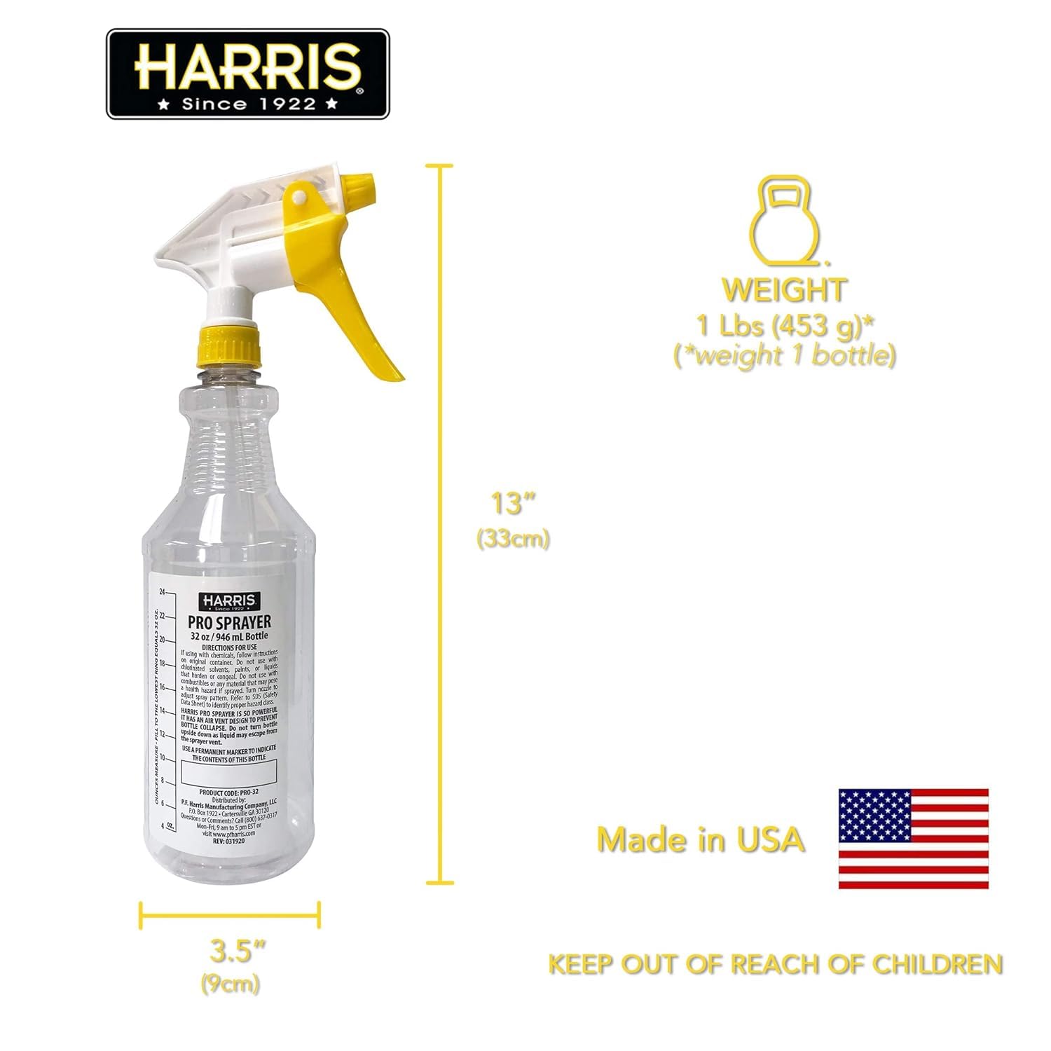 HARRIS Professional Spray Bottle 32oz (6-Pack), All-Purpose for Cleaning and Plants with Clear Finish, Pressurized Sprayer, Adjustable Nozzle and Measurements