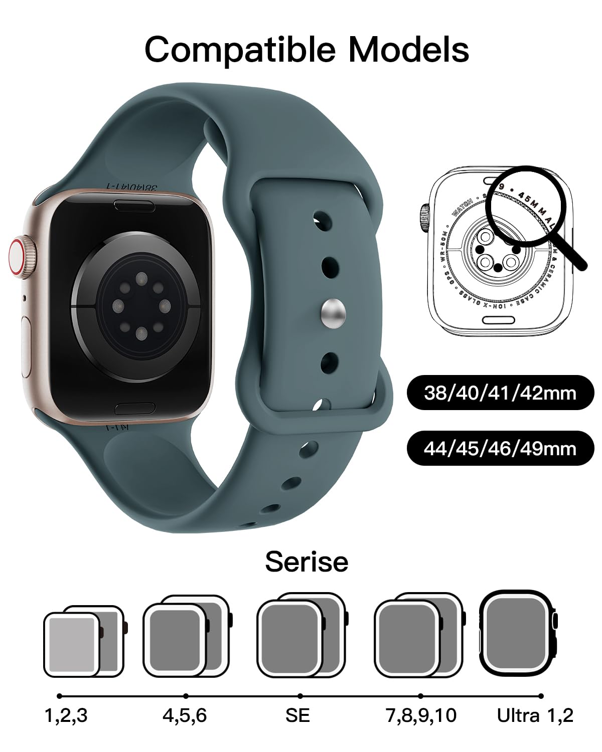 Patented Cinturino Sportivi Compatibile per Cinturino Apple Watch 38 mm 40 mm 41 mm 42 mm (serie 10) da Donna Uomo, Cinturino in Silicone Per Apple Watch Serie 10 9 8 7 6 5 4 3 2 1 SE
