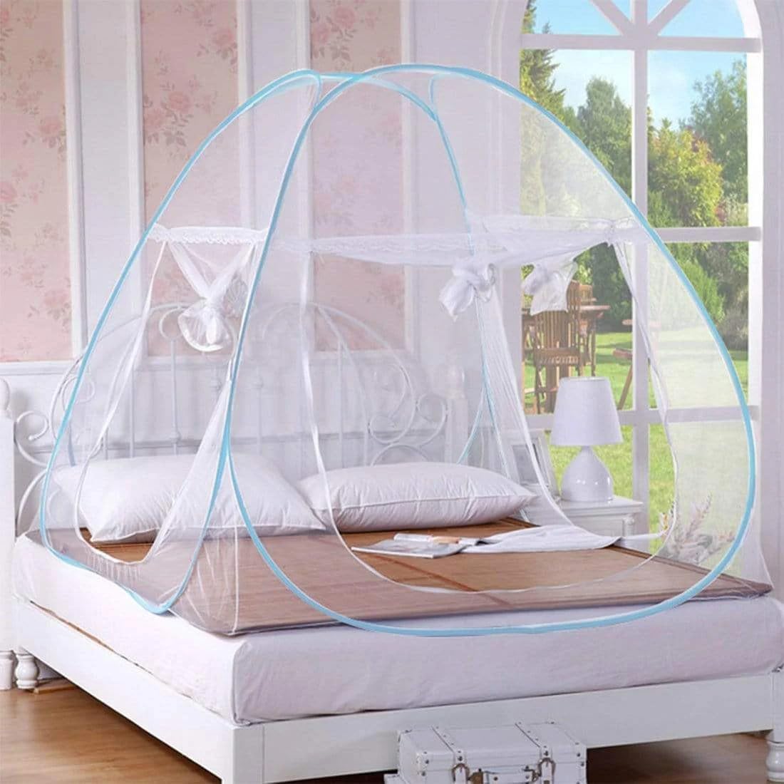 Portable Mosquito Net, White Trim, Polyester, Double Bed Size 200x180cm, Hexagonal Mesh Design, Foldable Travel Frame, Rectangular