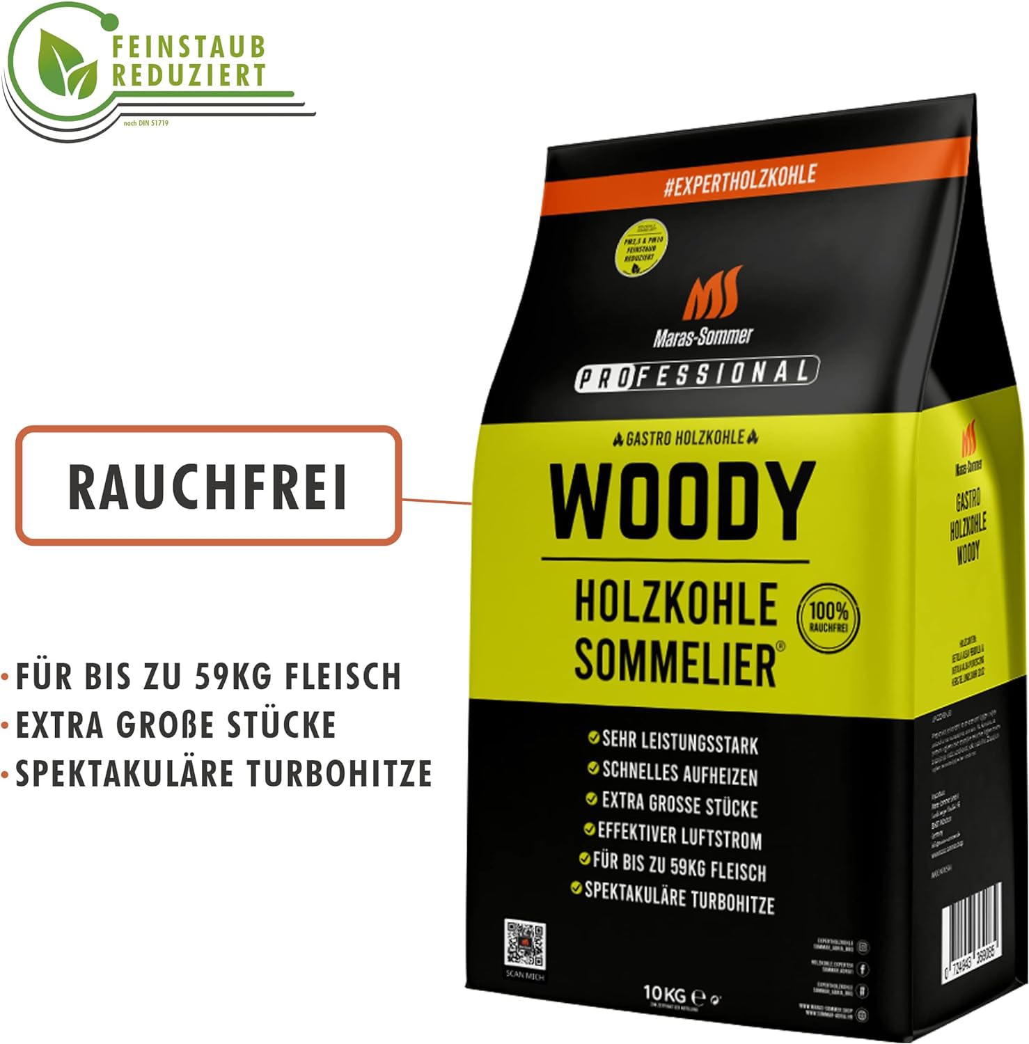 Woody 10kg, Rauchfreie Holzkohle, Feinstaub reduziert nach PM10 & PM2,5! Hochdosierte Holzkohle für wundersame Grillergebnisse und geschmackliche Überlegenheit. Kamado Plus!