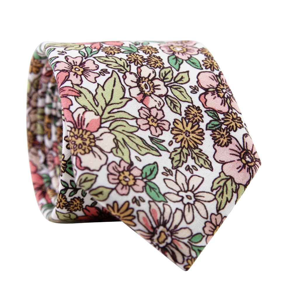 DAZI Men's Skinny Tie Floral Print Cotton Necktie, Great for Weddings, Groom, Groomsmen, Missions, Dances, Gifts.