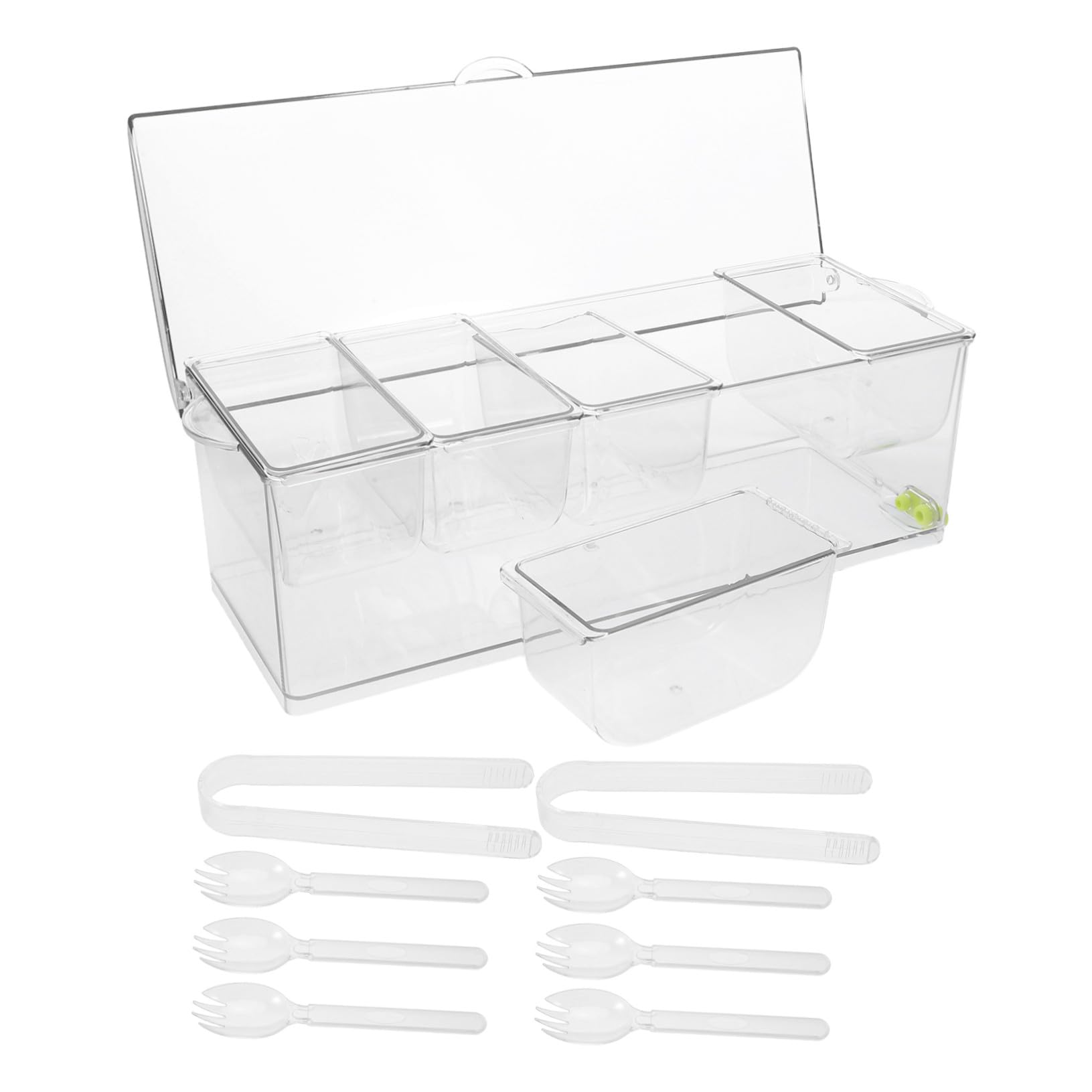 Mikinona Plateau à Condiments Réfrigéré Plastique Compartiments avec Couvercle Bac Froid pour Fruits Légumes Sauces Buffet Self-service avec Accessoires Plateau de Service Polyvalent
