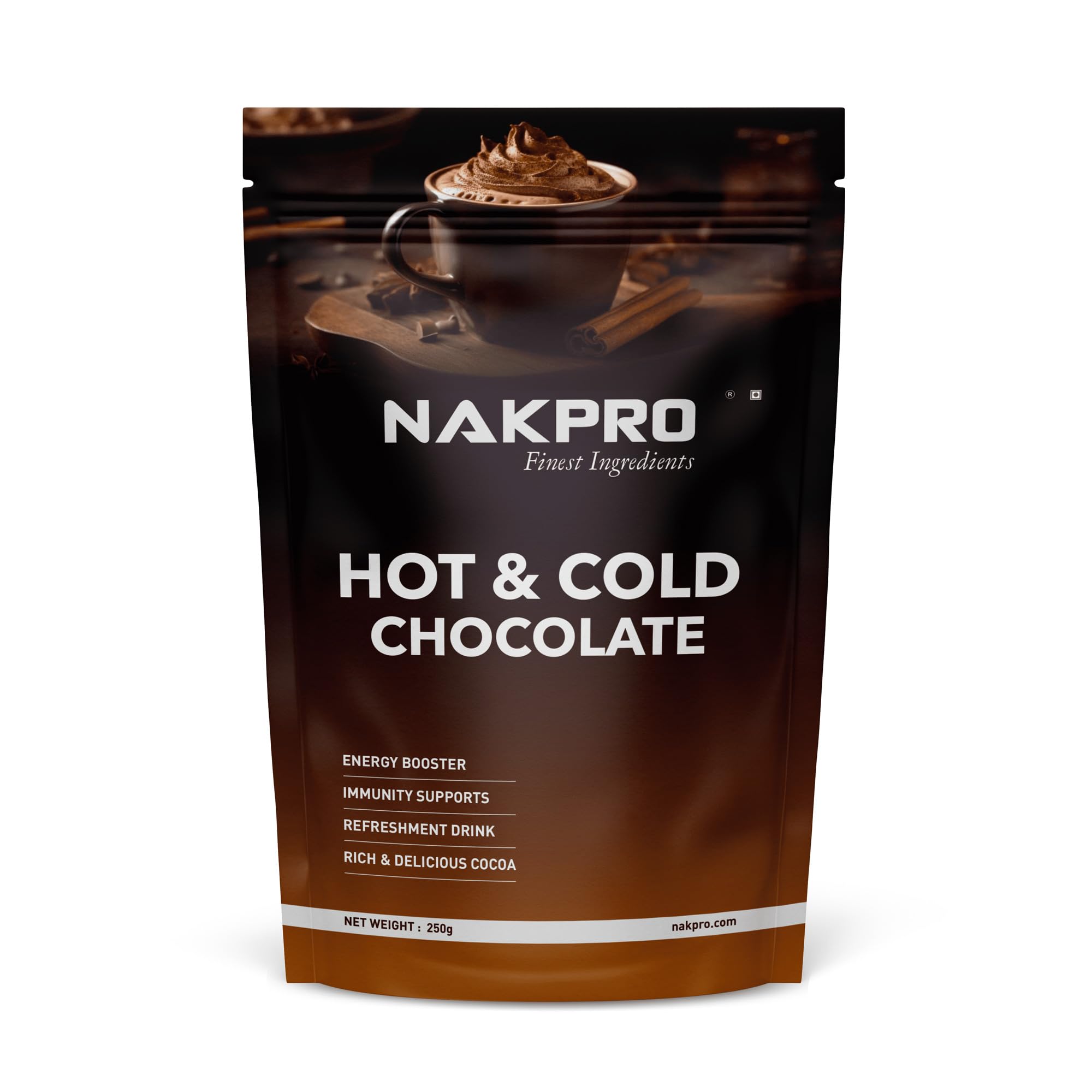 NAKPRO Hot & Cold Chocolate Drink Powder Mix, 250g | No Preservatives, Added Vitamins & Minerals for Immunity Support | Vegan & Gluten Free | Thick & Chocolatey Drink
