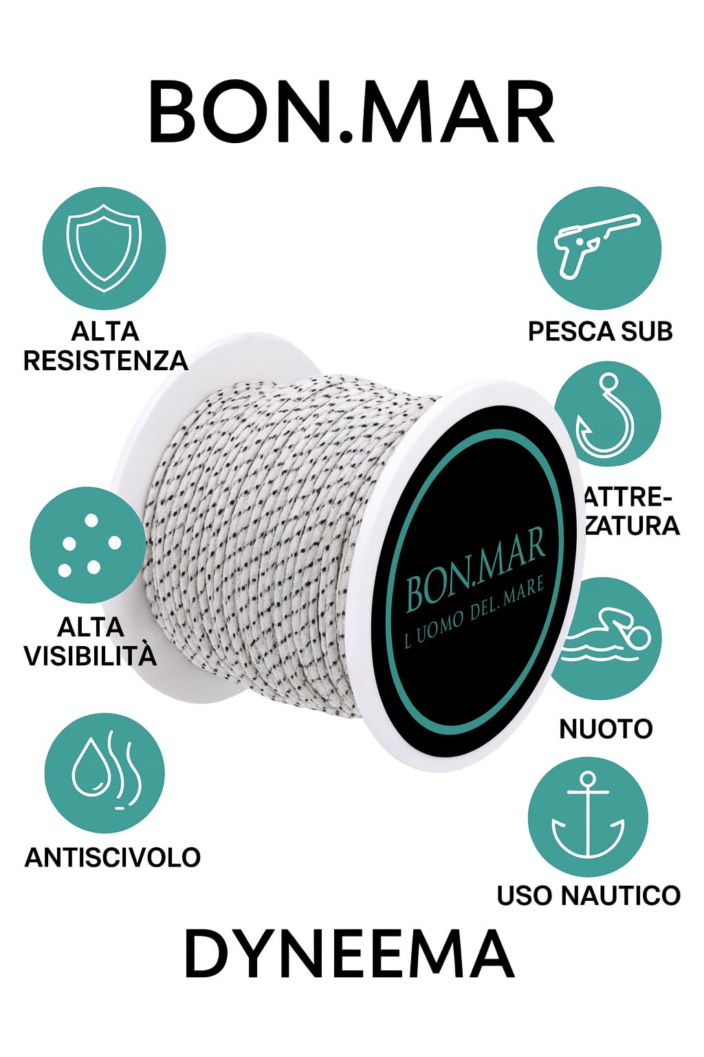 Leine aus Dyneema beschichtet, Sk75, Rolle 50 m, weiß, schwarze Einsätze, Ø 1,5 mm