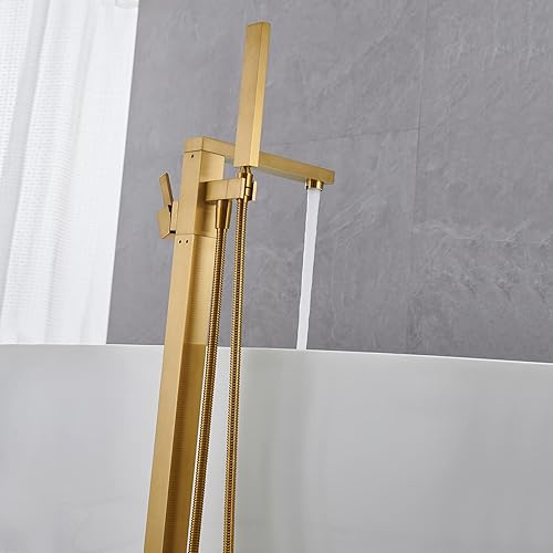 Miniatura 5 de Grifo de bañera independiente, relleno de bañera de oro cepillado, montaje en piso, grifos de baño de latón con una sola manija con ducha de mano