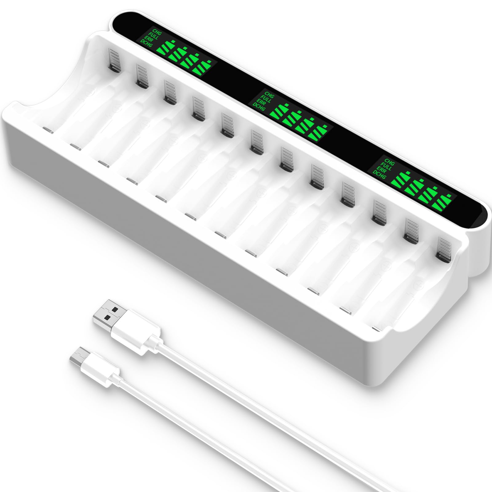 IMREN Chargeur de Piles Rechargeables, 12 Slots de Charge Indépendants avec écran LCD, 5V 2A Type-C et Entrée Micro USB, pour Batterie Rechargeable NiMH/NiCD AA AAA