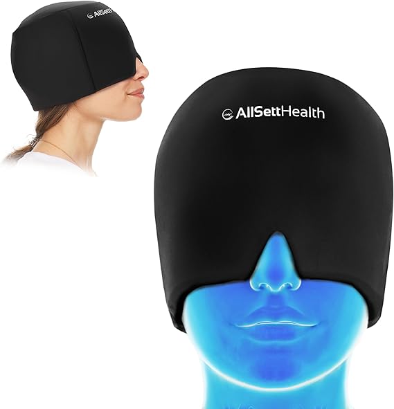 Migraine Relief Cap Ice Head Wrap and Hat | Hot/Cold Gel Pack with Face and Eye Mask Compress for Headache Relief - Black