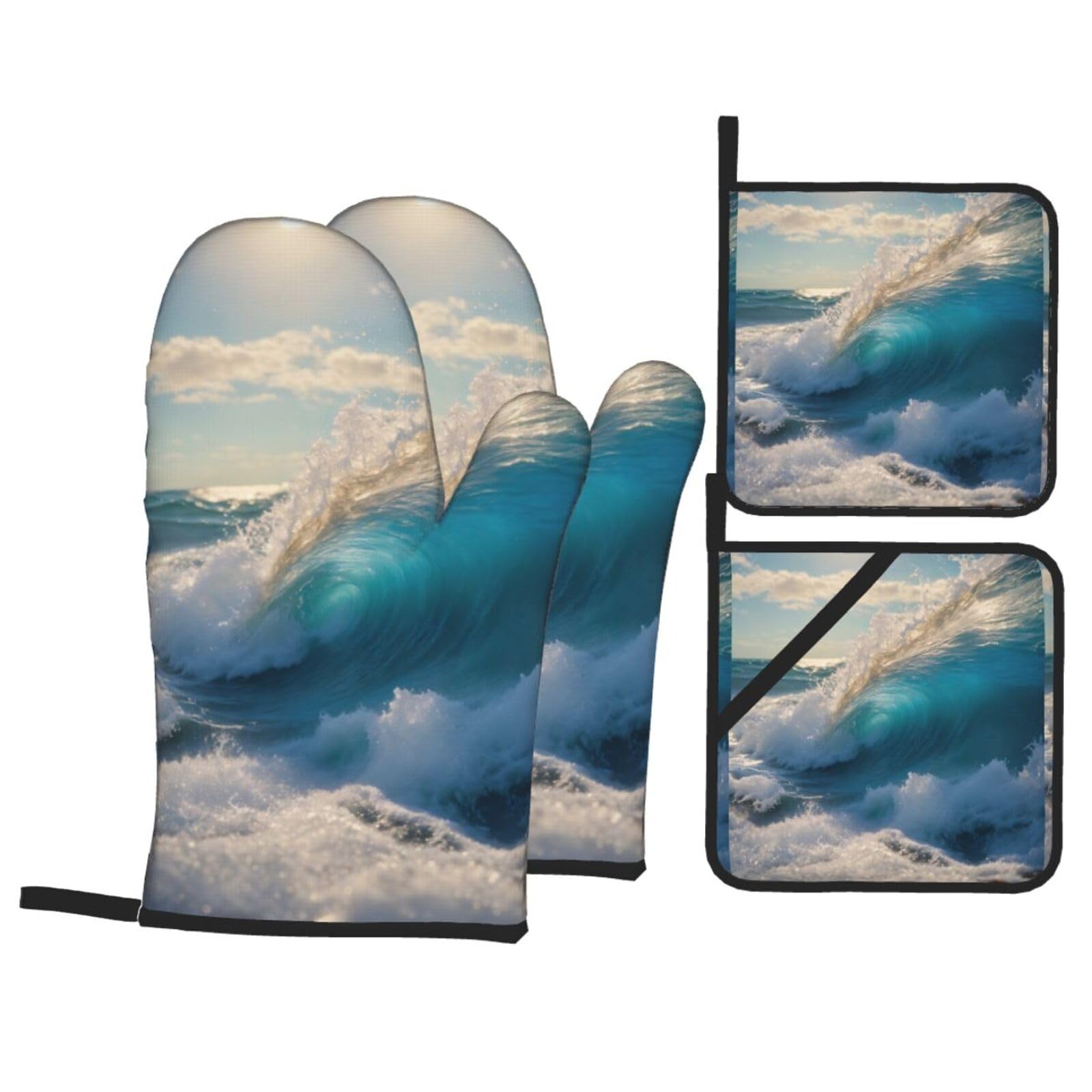 Ocean Sea Wave Print Kitchen Oven Mitts And Pot Holders Set,Hanging Loop Design For Cooking Baking Bbq