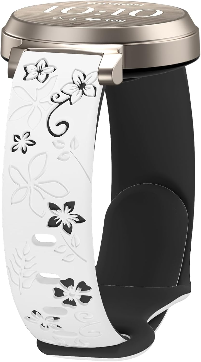 Floral Band Compatible with Garmin Lily 2, 14mm Soft Silicone Cute Women Two-Tone Flower Sport Strap Quick Release Replacement Adjustable Wristband for Lily 2 Active/2 Classic Smart Watch Accessory