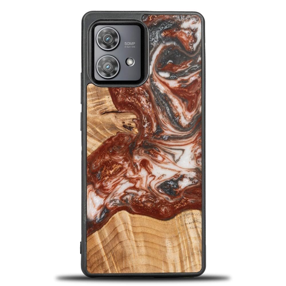 Unique Custodia per Motorola Edge 40 Neo – Bocote in vero legno e resina – pezzo unico fatto a mano – Custodia protettiva antiurto con telaio in silicone TPU – legno naturale e resina