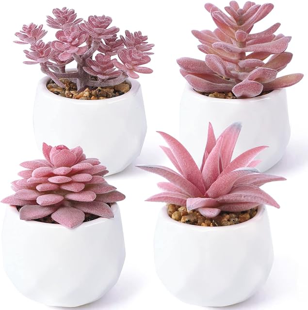 ALAGIRLS Set of 4 Artificial Succulent Plants - Decorative Faux Potted Realistic Mini Fake Succulents Plant in Pots- Fake Plants for Home Tabletop Office Kitchen Outdoor Decor, Pink