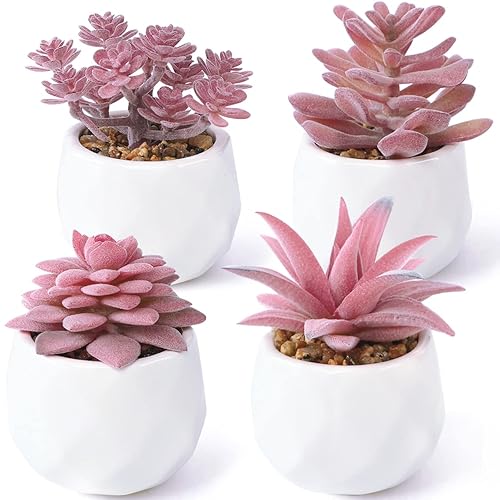 ALAGIRLS Set of 4 Artificial Succulent Plants - Decorative Faux Potted Realistic Mini Plant in Pots- for Home Tabletop Office Kitchen Outdoor Decor, Pink - Pink