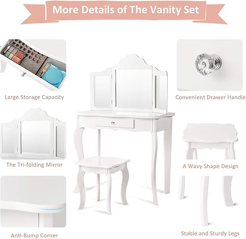 Miniatura 30 de Costzon Juego de mesa de tocador y taburete de madera para niños, diseño desmontable 2 en 1 con tocador y escritorio, tocador de maquillaje de