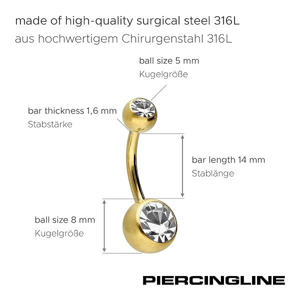 PIERCINGLINE Bauchnabelpiercing aus Chirurgenstahl mit 2 Kristallen - Bananabell Piercing in stylischen Farben und 4 Größen - 2