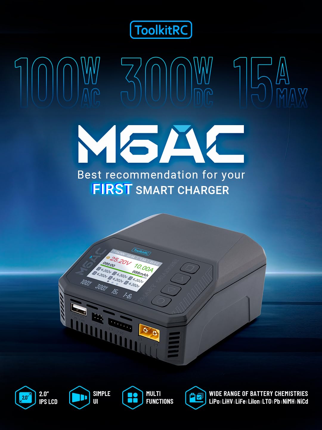 ToolkitRC M6AC wielofunkcyjna inteligentna ładowarka 150 W, obsługuje wejście AC/DC, odpowiednia do akumulatorów LiPo/LiHV/NiMH/ołowiowych z kolorowym wyświetlaczem 2,4", idealna