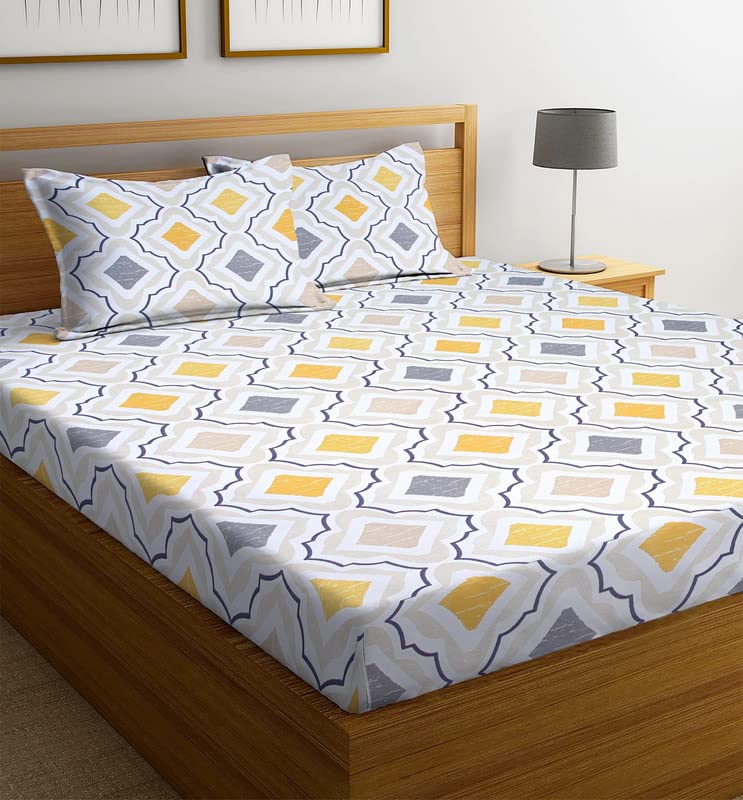 NHD HOME 100% Cotton 180 TC Printed Bedsheet for Double Bed with 2 King Size Pillow Covers for Summer Breathable | Soft | Wrinklefree | Soft Touch & Skin Friendly (90 X 100 Inches, White & Grey) (B0C1L1LN91) Amazon Price History, Amazon Price Tracker