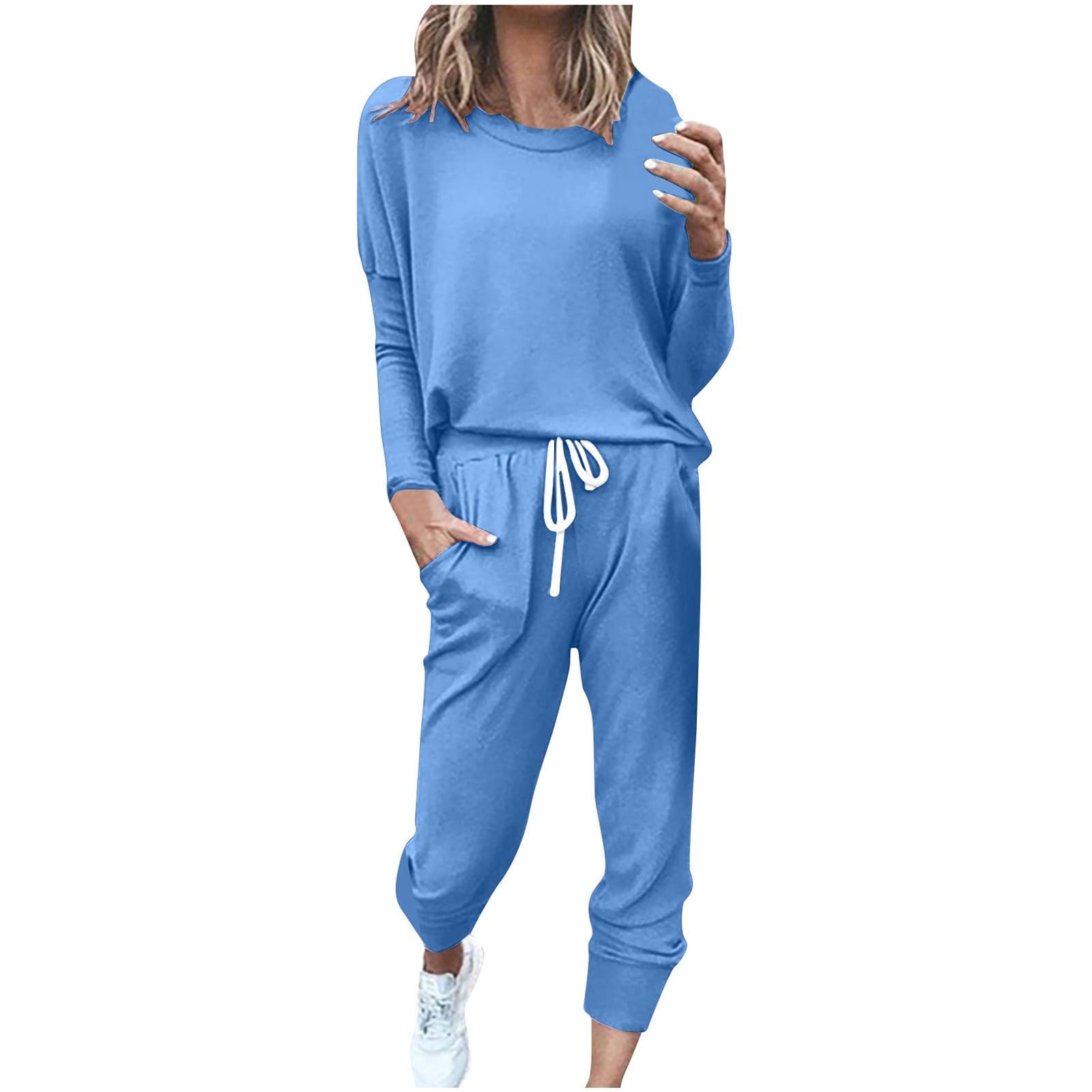 Damen Langarm Farbblock Patchwork Rundhals T-Shirt Top Bluse Lange Hosen Leggings Casual Outfit Set
