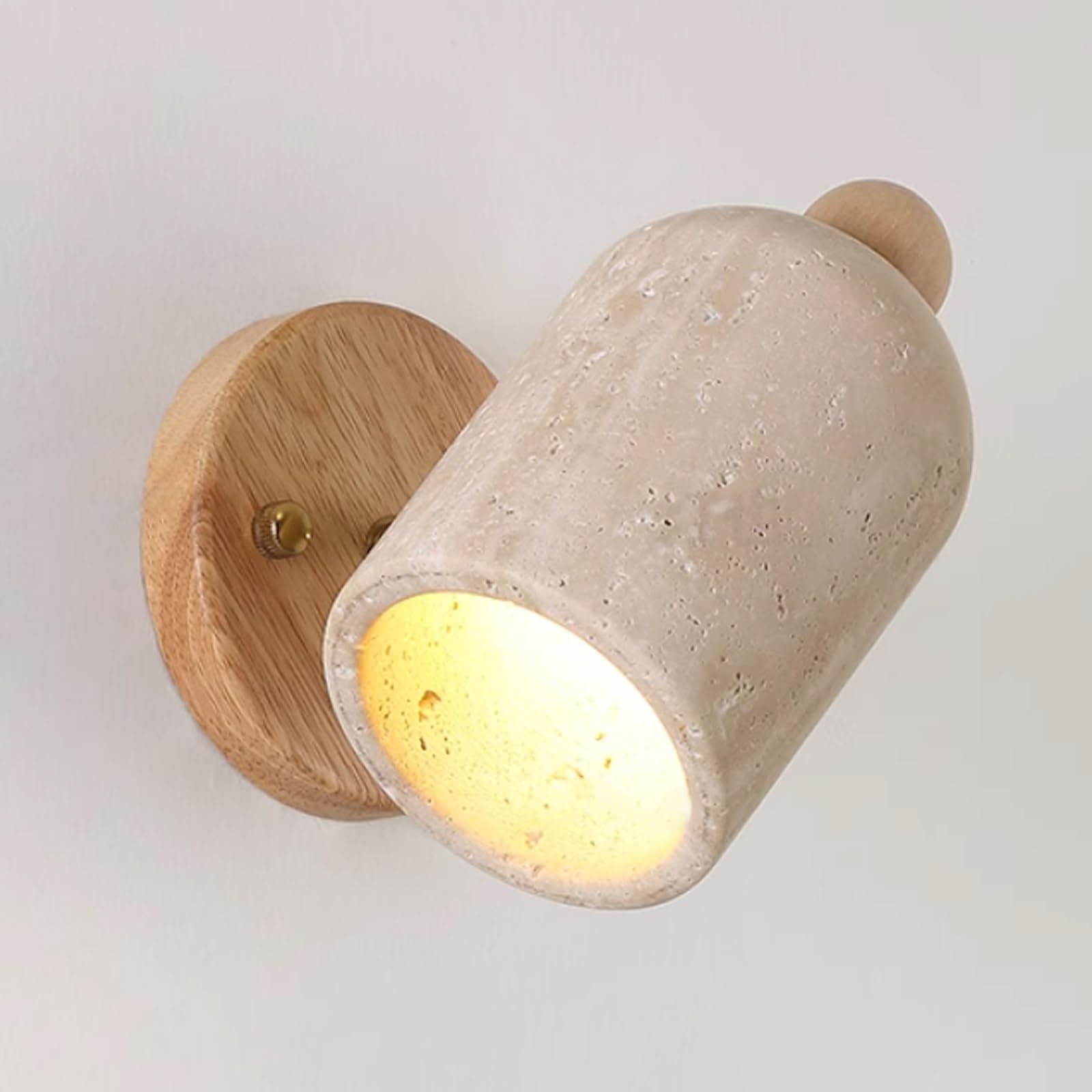 SXWNBIFH Travertine Wall Lamp with Round Wooden Base Hardwired Wall Sconces Lighting, Adjustable Stone Wall Mounted Light E27 Light Fixture for Bedroom Living Room Study(Wood)