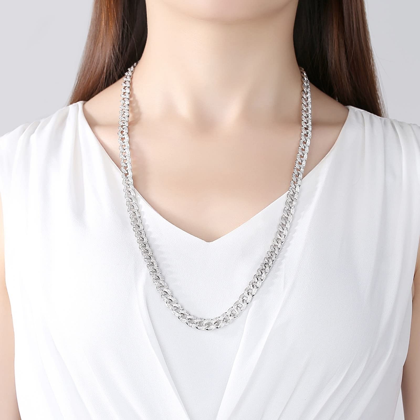 Cadenas, Cuban Link Collar de Plata Curb de Cobre Forma Redonda de Circonita Cúbica Diseño de Cadena con Cz Collar de Compromiso de 700mm para las Mujeres