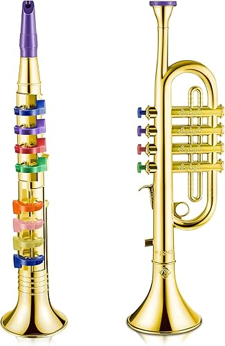 Amylove Juego de 2 instrumentos musicales que incluyen trompeta de juguete y saxofón de juguete, trompeta de plástico, clarinete portátil con teclas