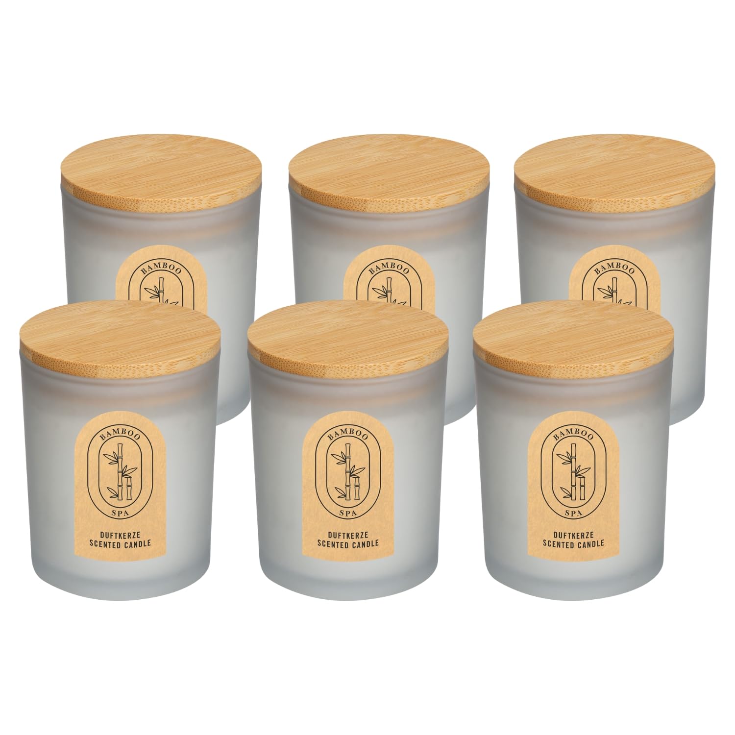 pajoma® 6x Duftkerze Bambus 120g Wachs Bamboo im satinierten Glas (H: 8 cm) mit Bambusdeckel | ca. 25h Brenndauer - natürlicher Spa-Duft | stilvolles Design & perfekt für Zuhause oder als Geschenk