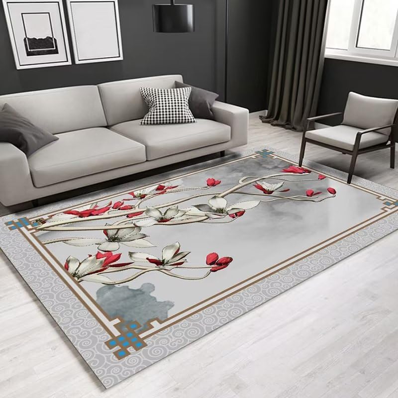Tapis lavable et durable 160x230 cm au motif floral rétro rouge