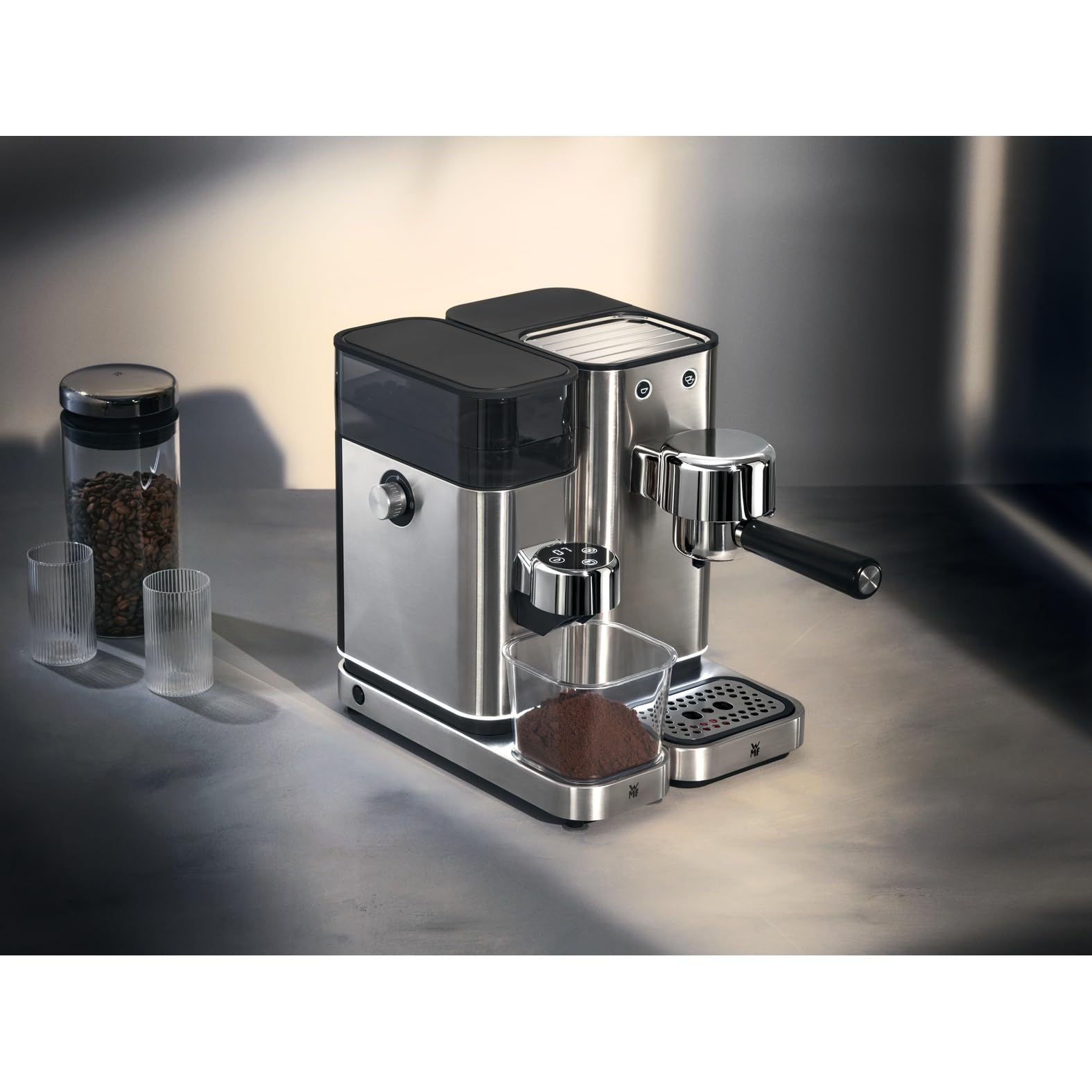 WMF Lumero elektryczny młynek do espresso 150 W, przyciski dotykowe LED, 40 stopni mielenia, pojemnik na kawę, stal nierdzewna Cromargan matowa