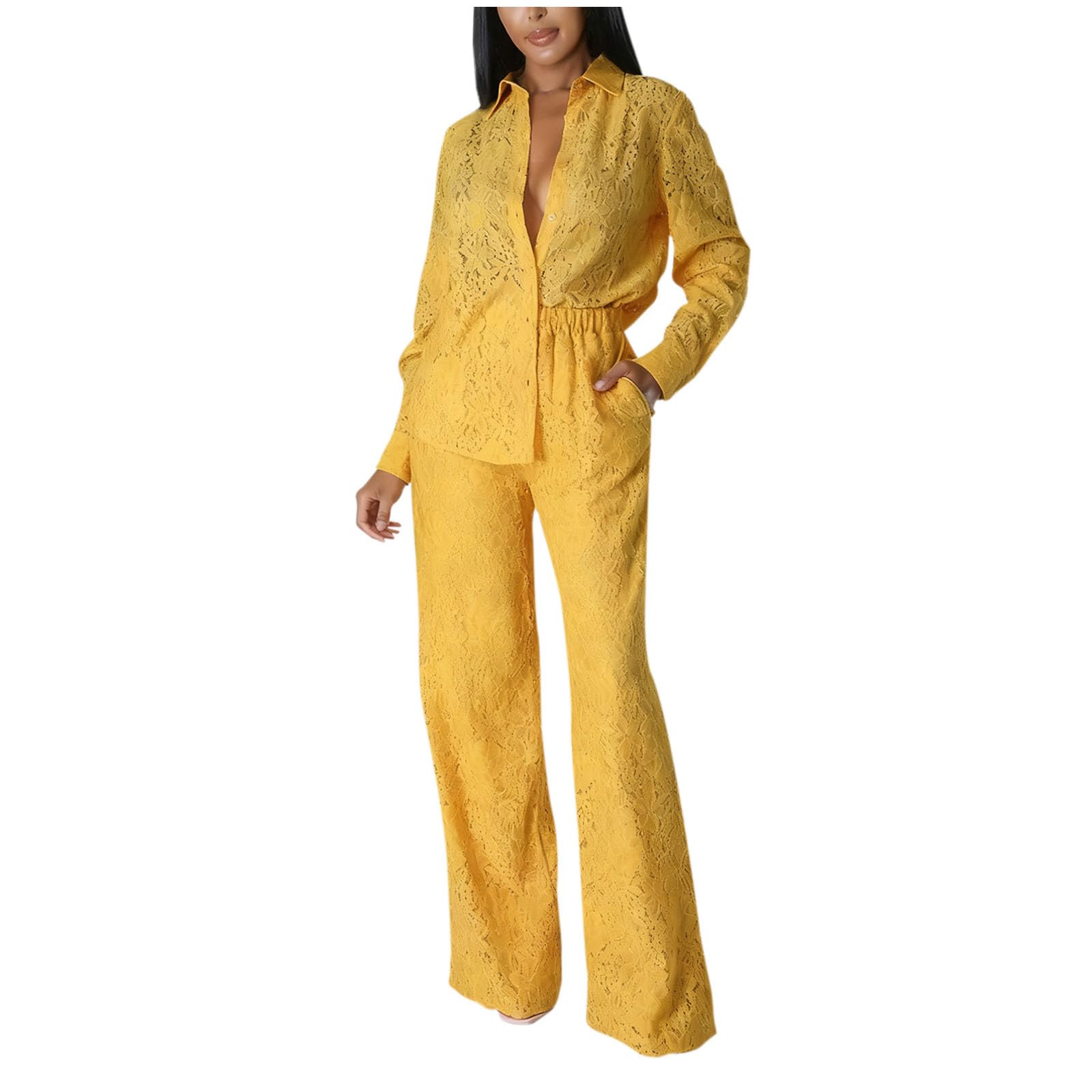 Women's Lace 2 Piece Outfits Long Sleeve Button Down Shirts and Wide Leg Pants Set Summer Eyelet Breathable Sets Yellow