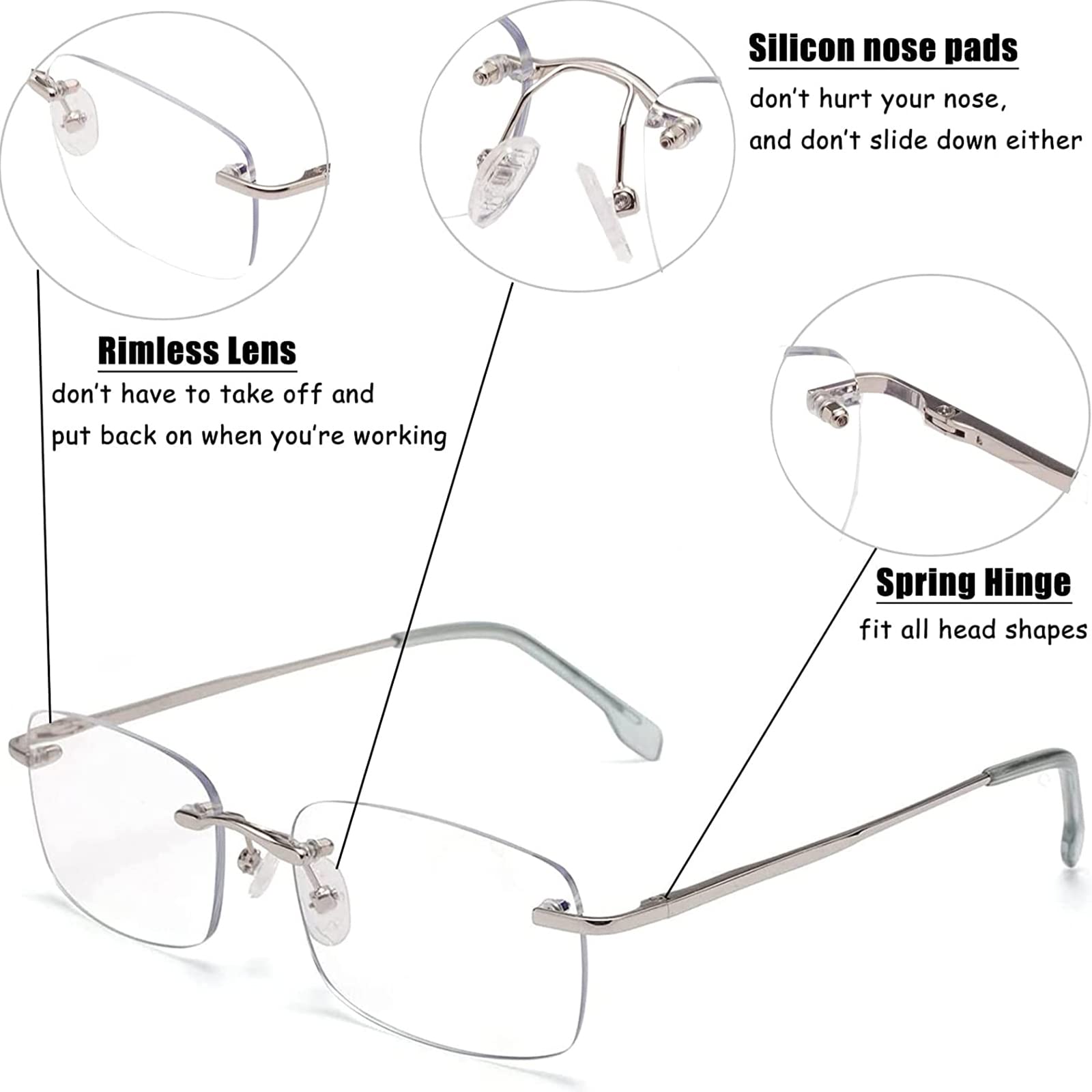 E & R Elegant Rabbit Bifocal Reading Glasses for Men Women Rimless Blue Light Blocking Computer Readers with Spring Hinge 8517 (Silver - Image 4