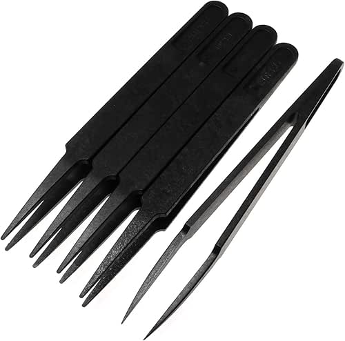 E-outstanding Anti-static Tweezer 5PCS 4.6Inch Black Plastic Pointed Tip Anti-static