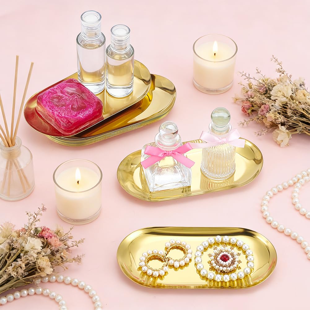 NBEADS Set di 12 vassoio Da Portata In Acciaio Inossidabile, Vassoio Decorativo Ovale per Gioielli Piccoli Vassoi In Metallo per Orecchini Collane Cosmetici Pennelli Sapone, Oro, 18x8.6cm